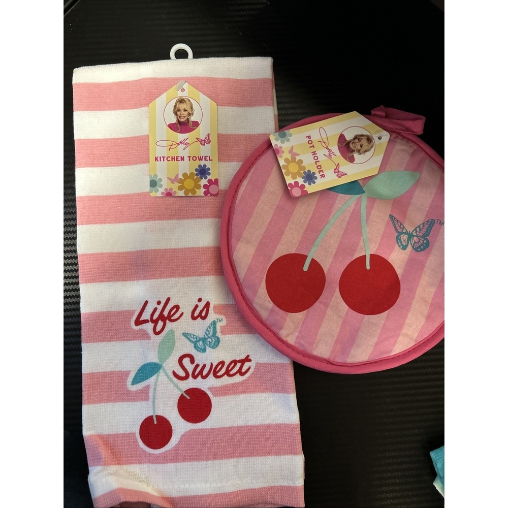 Dolly Parton Pink Striped Life is Sweet Cherry Kitchen Towel & Pot Holder Set